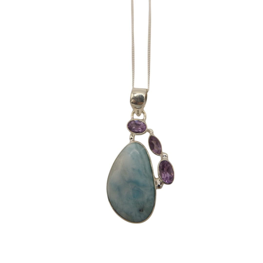 Sterling Silver Larimar With Amethyst Teardrop Necklace