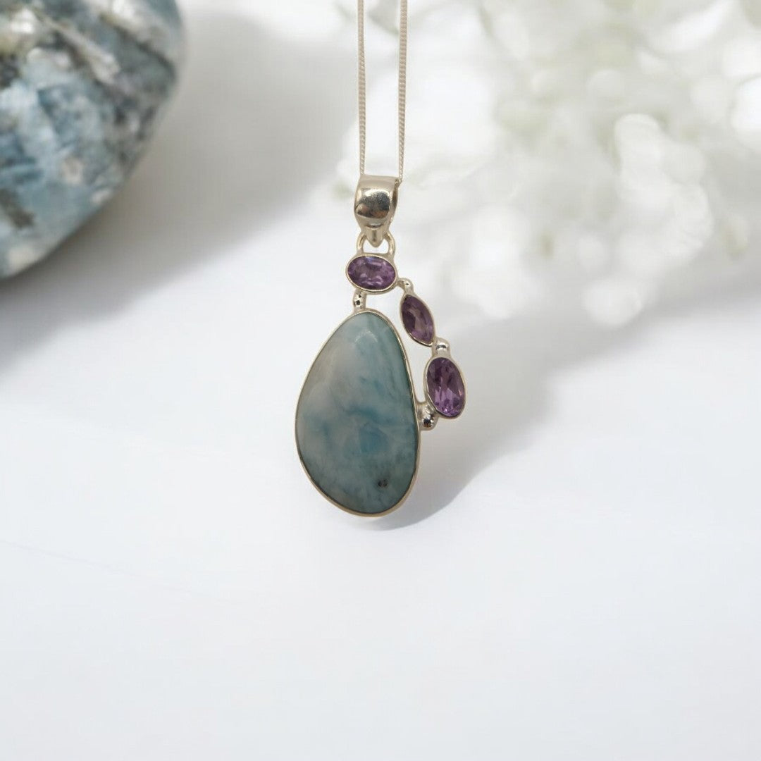 Sterling Silver Larimar With Amethyst Teardrop Necklace