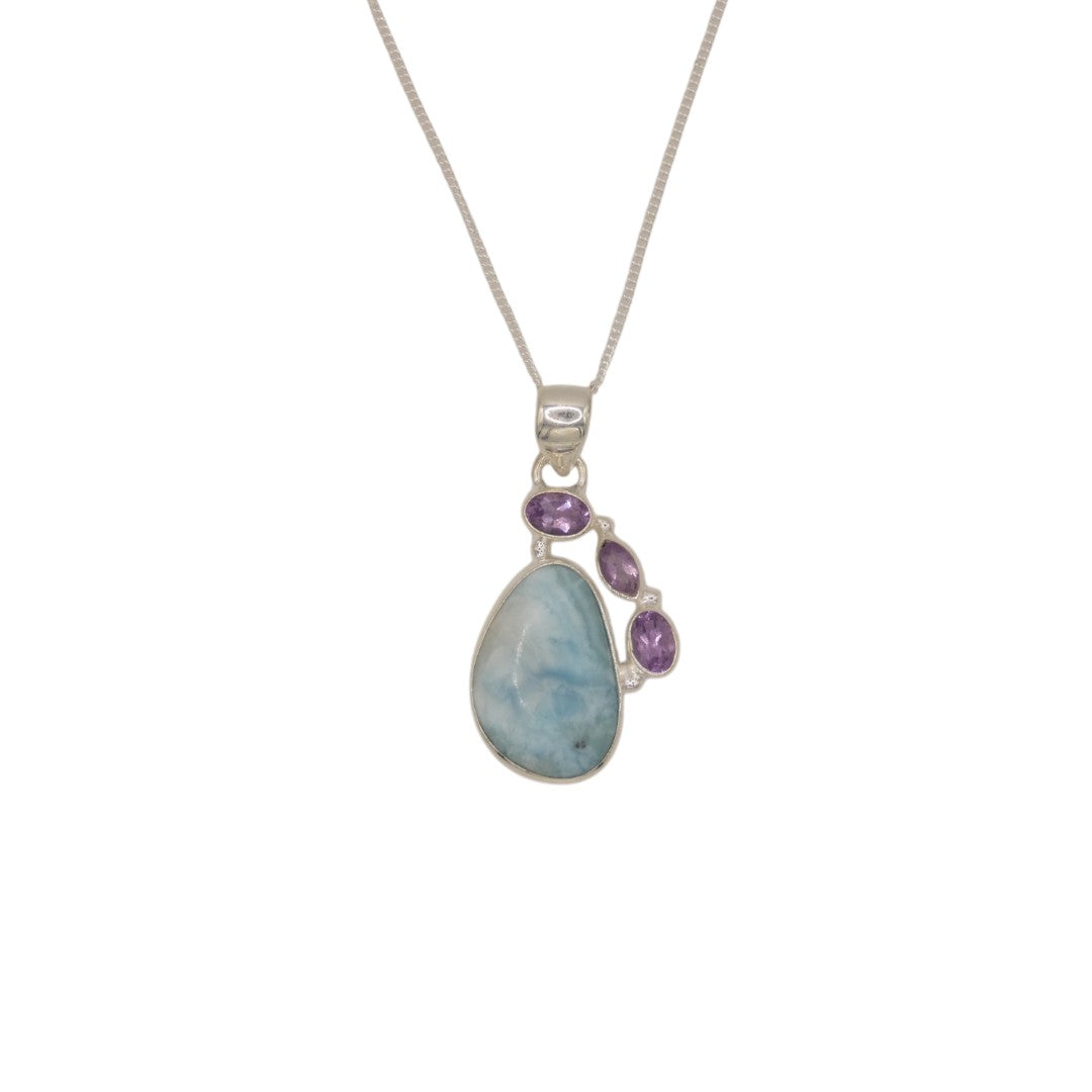 Sterling Silver Larimar With Amethyst Teardrop Necklace
