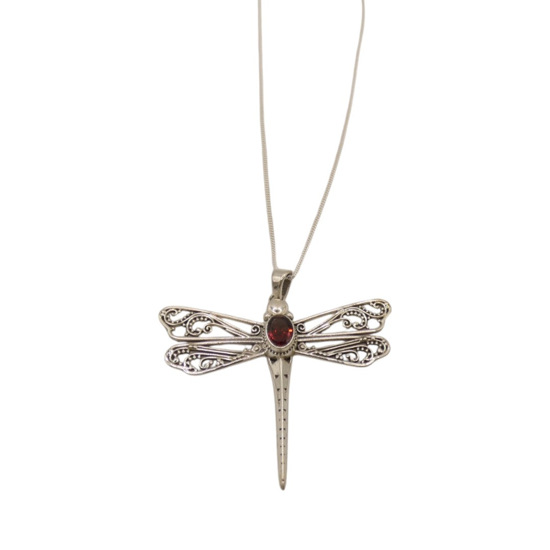 Sterling Silver Garnet Dragonfly Necklace