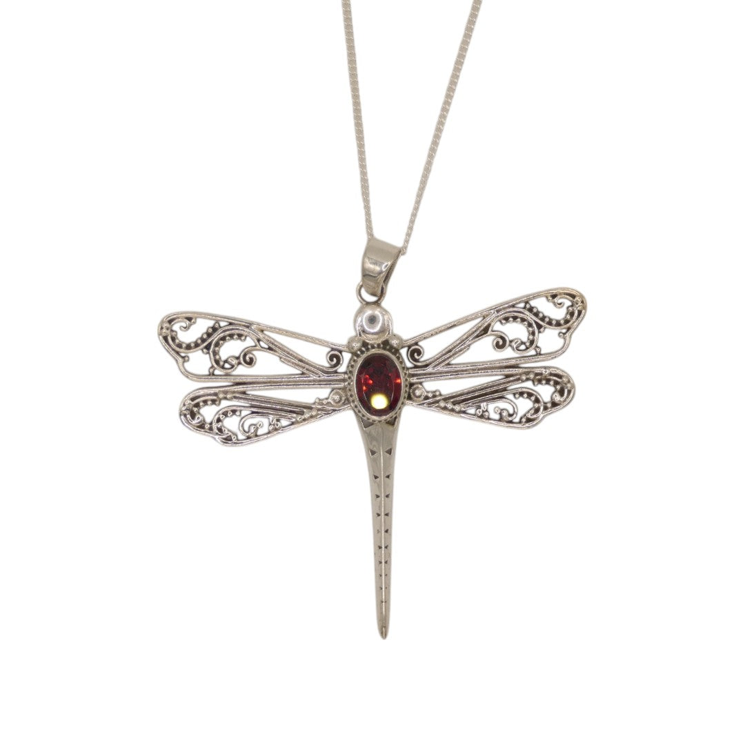 Sterling Silver Garnet Dragonfly Necklace
