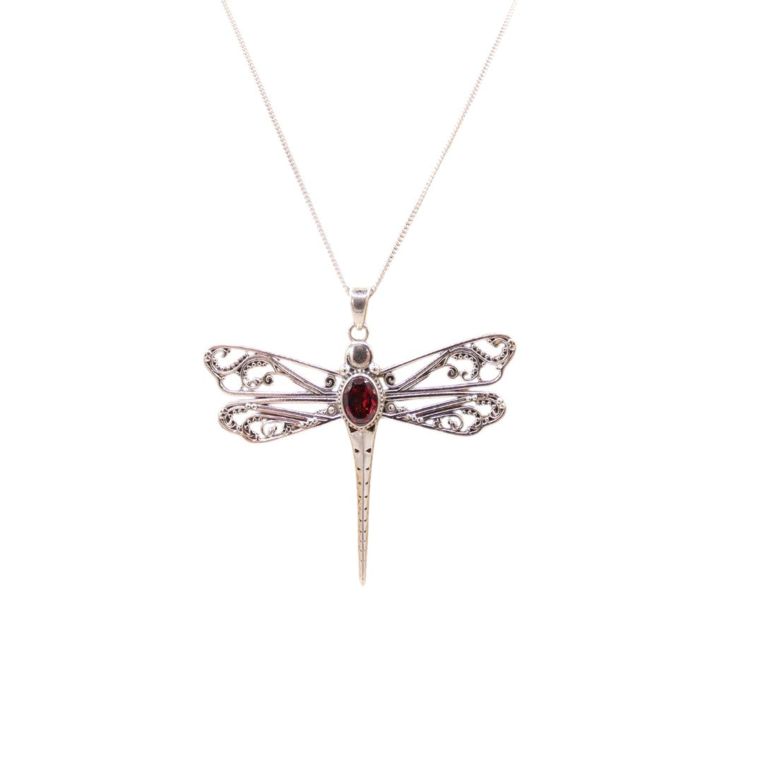 Sterling Silver Garnet Dragonfly Necklace