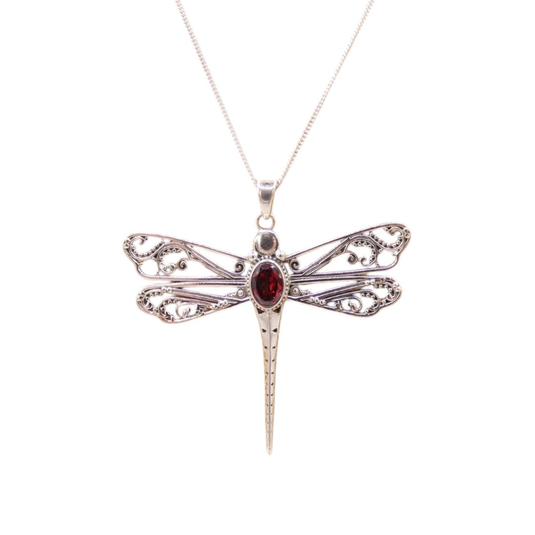Sterling Silver Garnet Dragonfly Necklace