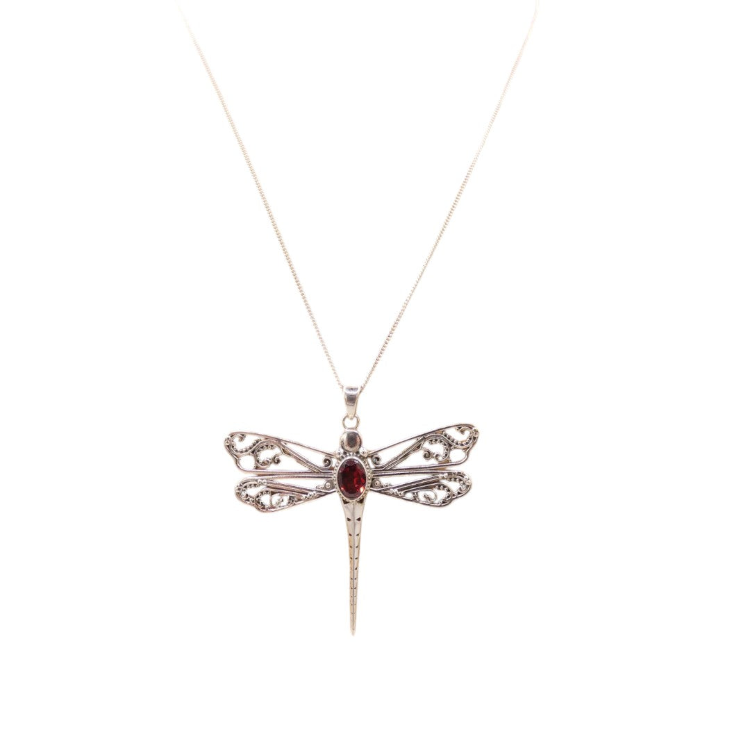 Sterling Silver Garnet Dragonfly Necklace