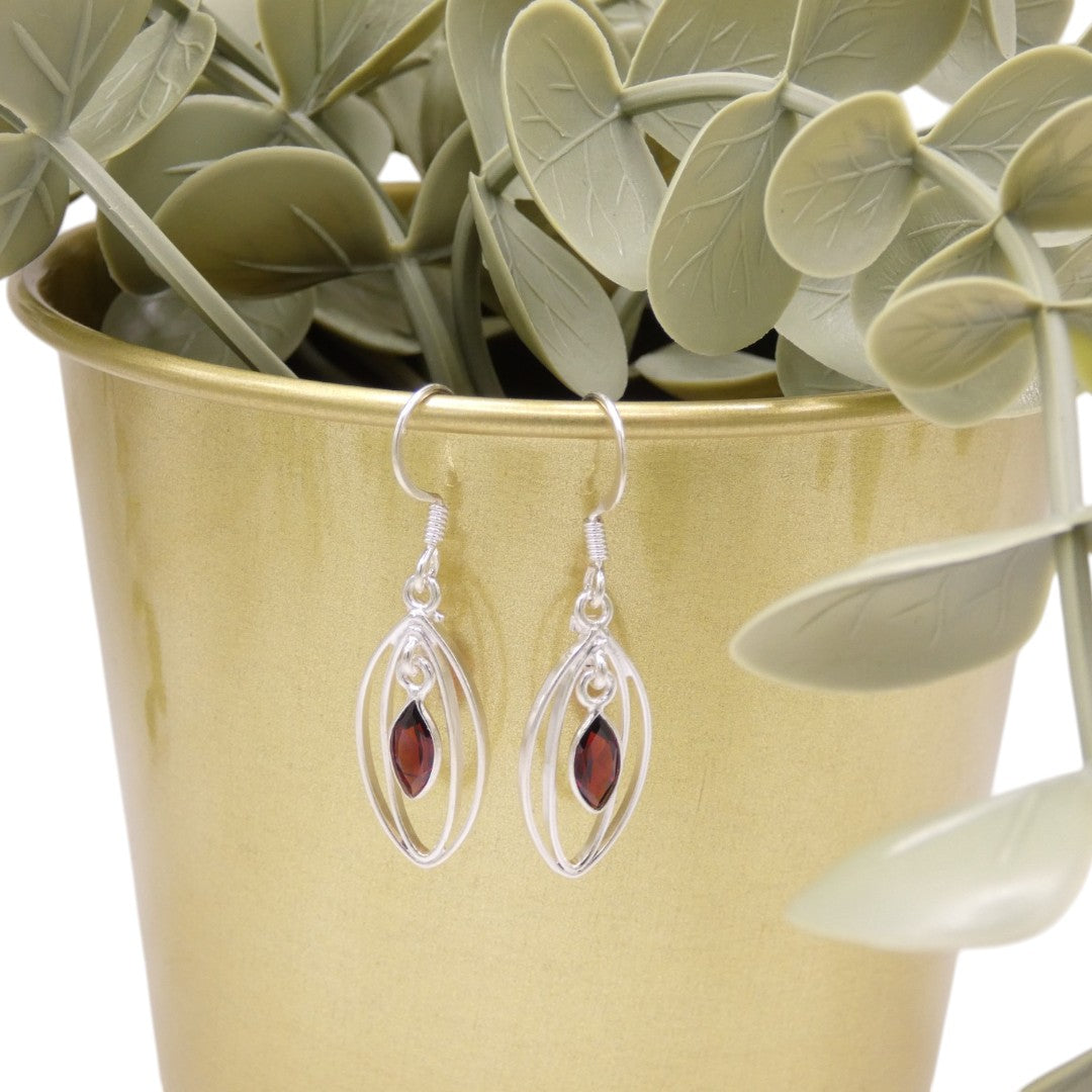 Sterling Silver Garnet Double Loop Teardrop Earrings 1.6"