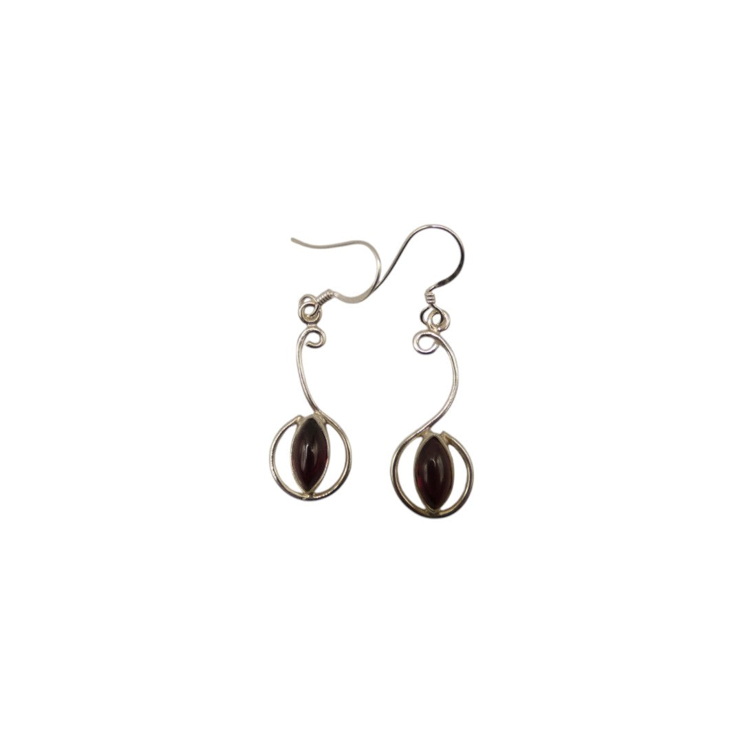 Sterling Silver Garnet Curved Drop Earrings 1.6"