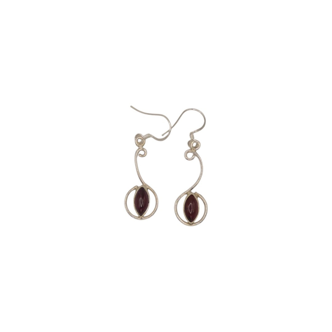 Sterling Silver Garnet Curved Drop Earrings 1.6"