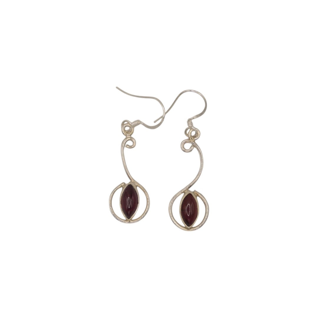Sterling Silver Garnet Curved Drop Earrings 1.6"