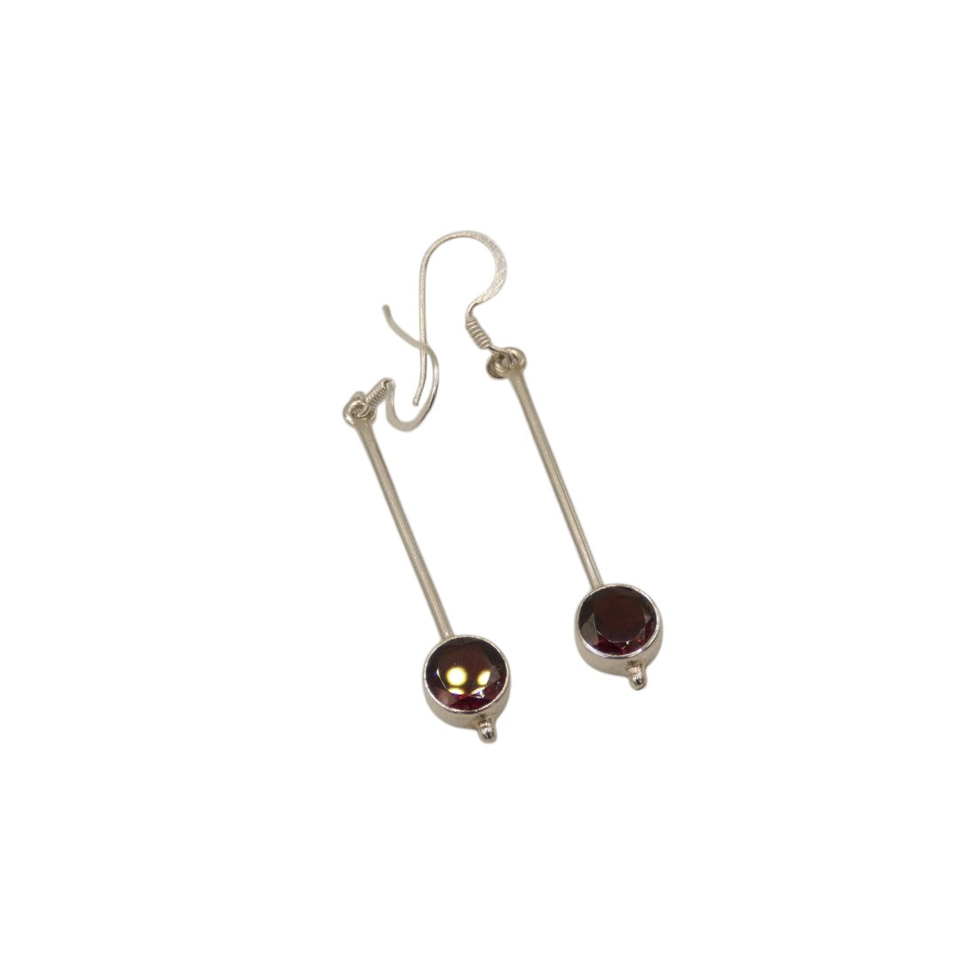 Sterling Silver Garnet Straight Drop Earrings With Round Stone 2"