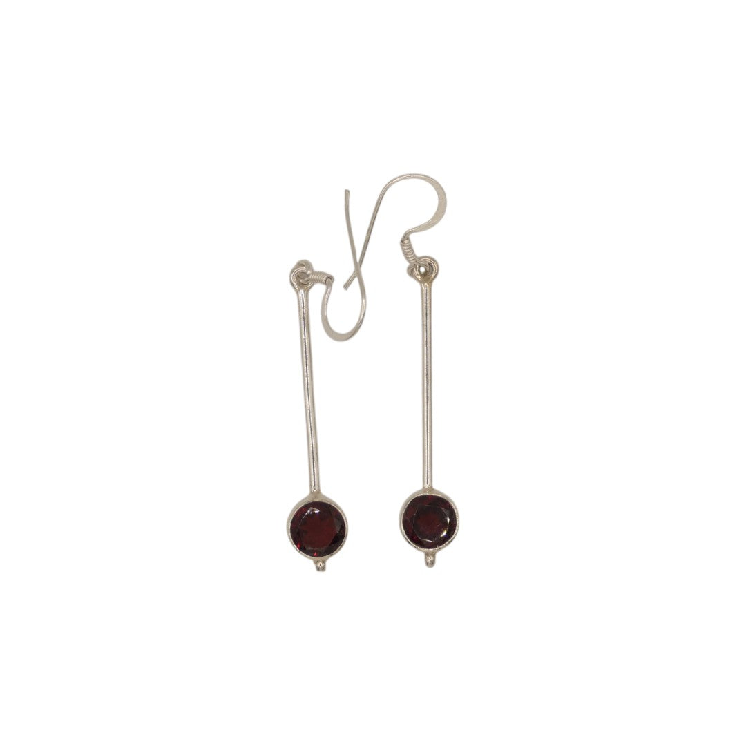 Sterling Silver Garnet Straight Drop Earrings With Round Stone 2"