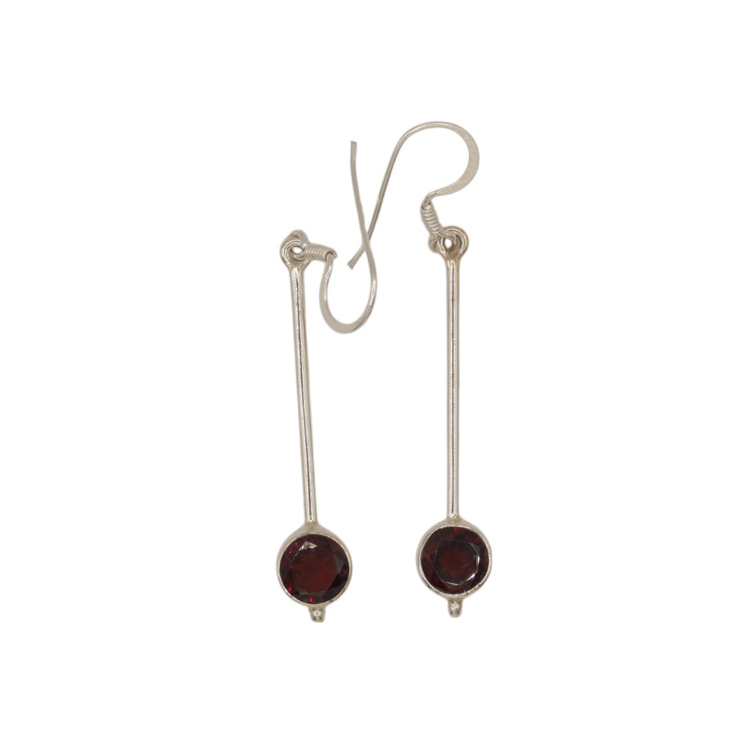 Sterling Silver Garnet Straight Drop Earrings With Round Stone 2"