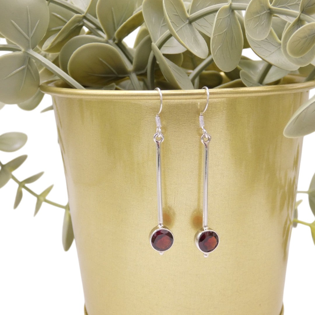 Sterling Silver Garnet Straight Drop Earrings With Round Stone 2"