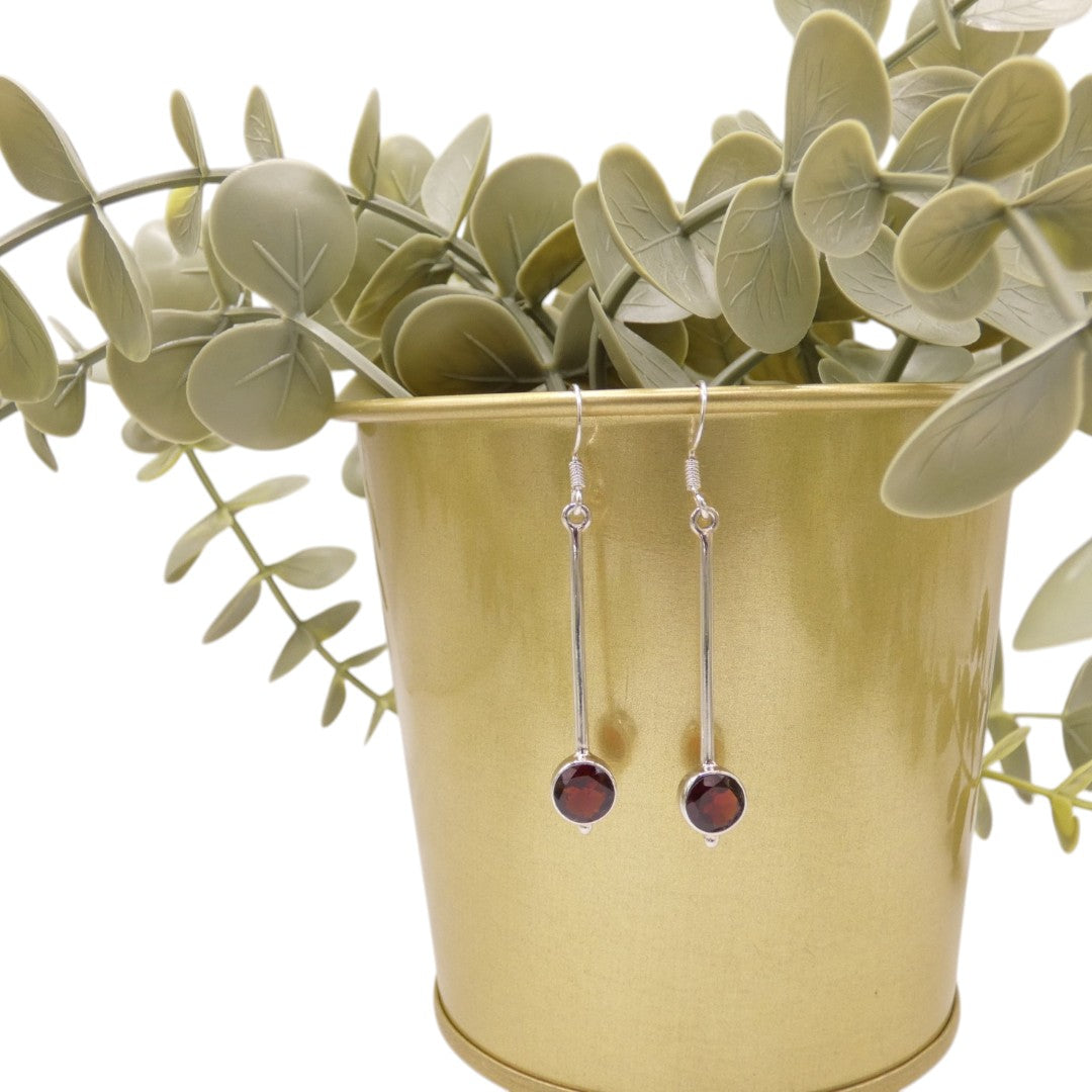 Sterling Silver Garnet Straight Drop Earrings With Round Stone 2"