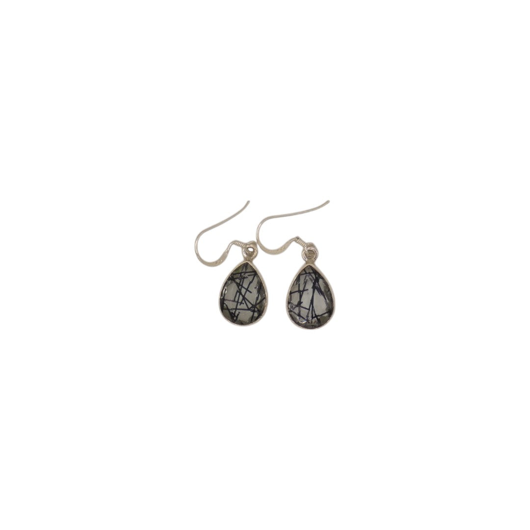 Sterling Silver Black Rutilated Quartz Teardrop Earrings 1.2"