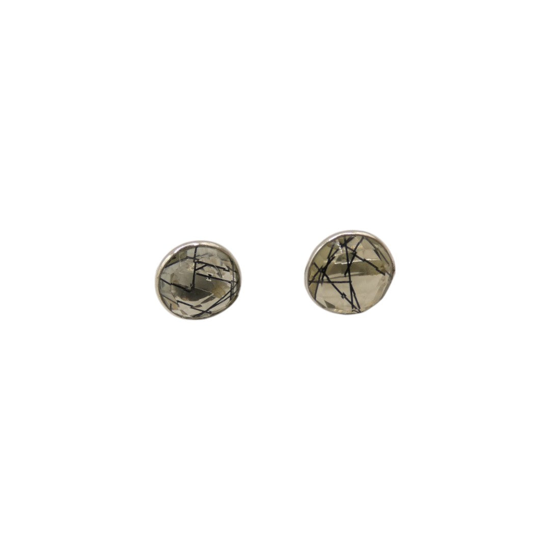 Sterling Silver Black Rutilated Quartz Round Stud Earrings 0.3"