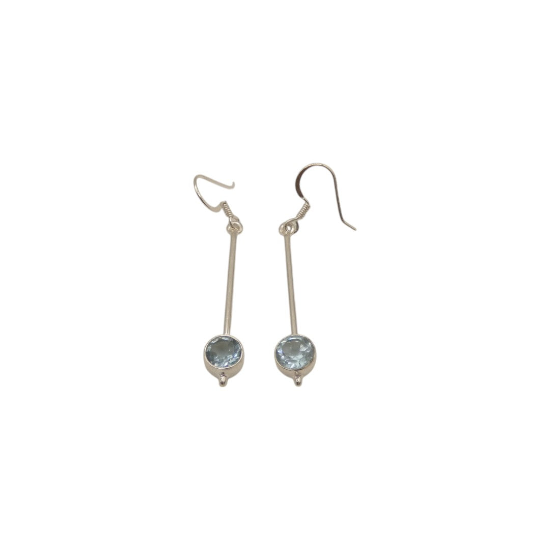 Sterling Silver Blue Topaz Straight Drop Earrings With Round Stone 2"