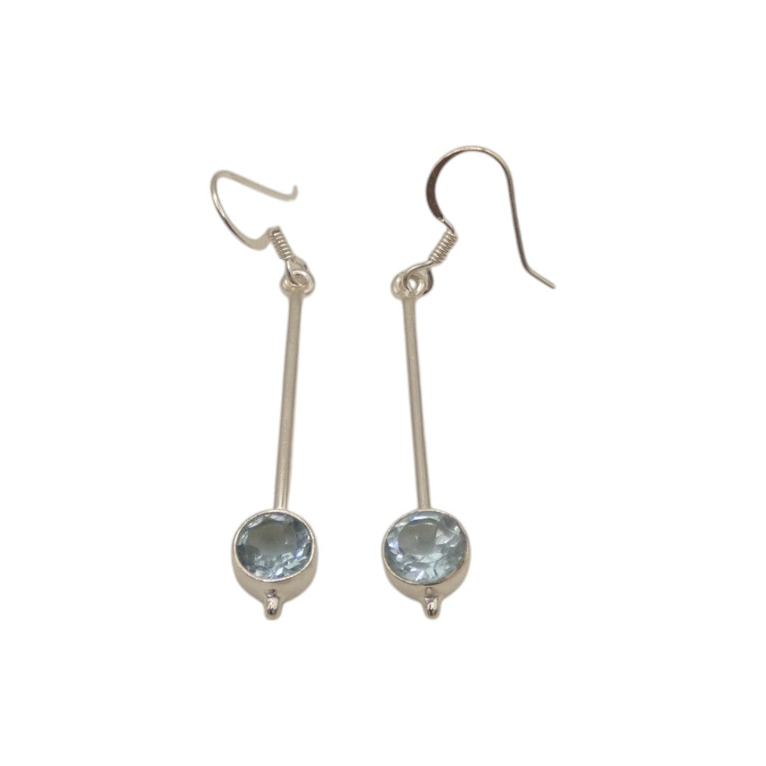 Sterling Silver Blue Topaz Straight Drop Earrings With Round Stone 2"