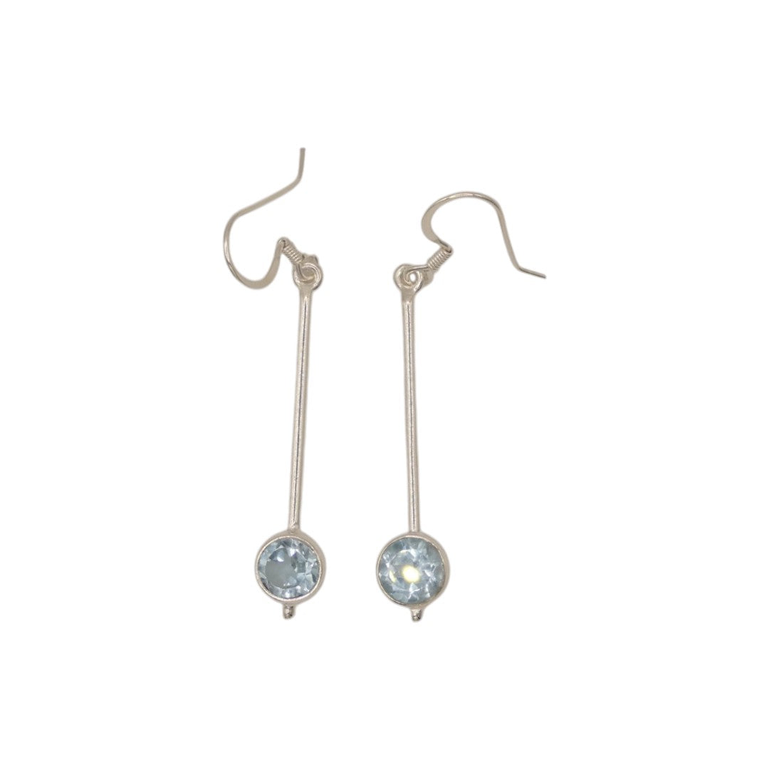 Sterling Silver Blue Topaz Straight Drop Earrings With Round Stone 2"