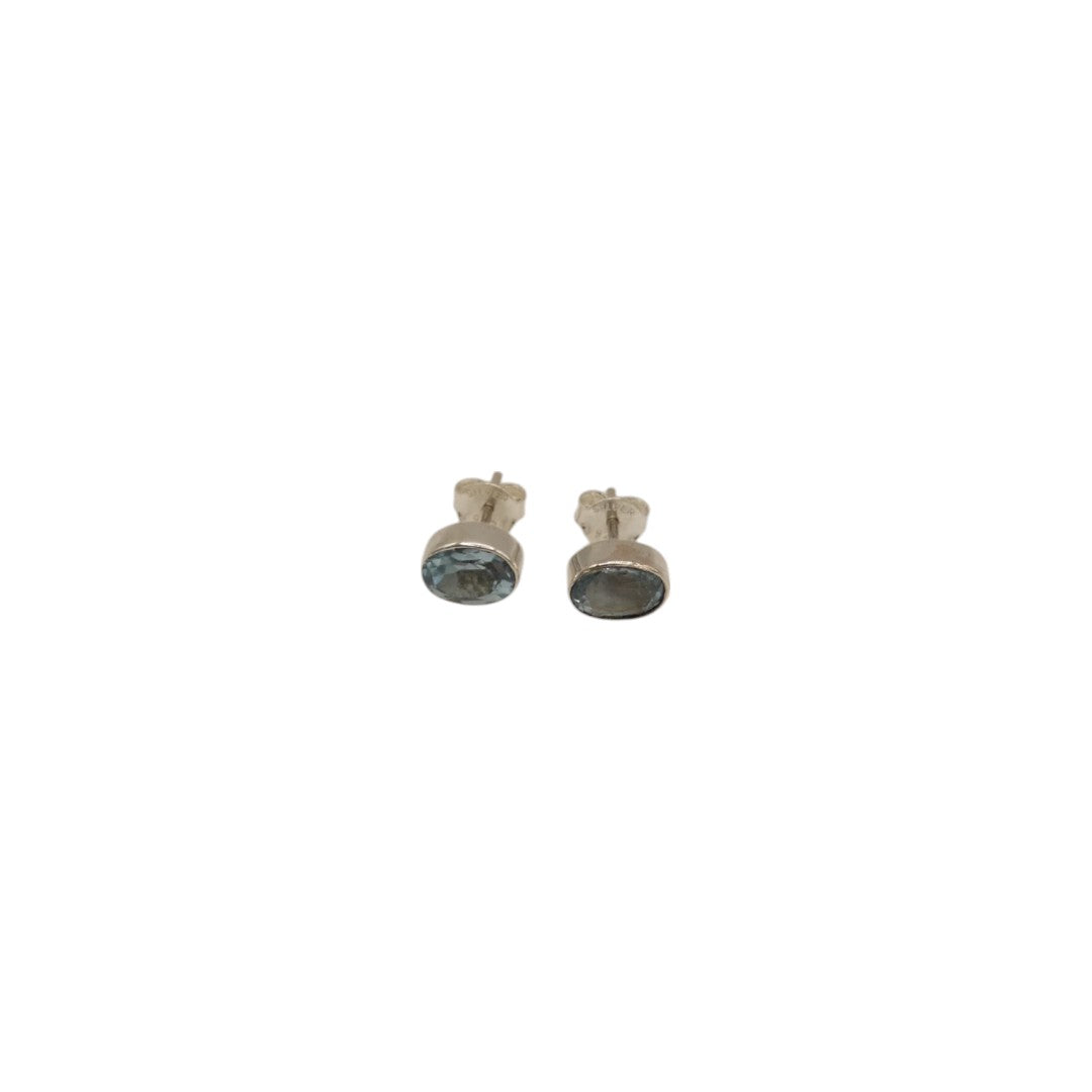Sterling Silver Blue Topaz Oval Stud Earrings 0.4"