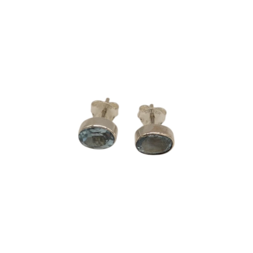 Sterling Silver Blue Topaz Oval Stud Earrings 0.4"