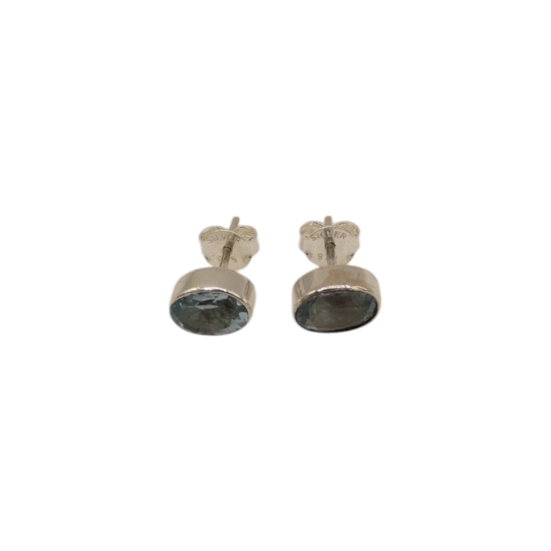 Sterling Silver Blue Topaz Oval Stud Earrings 0.4"