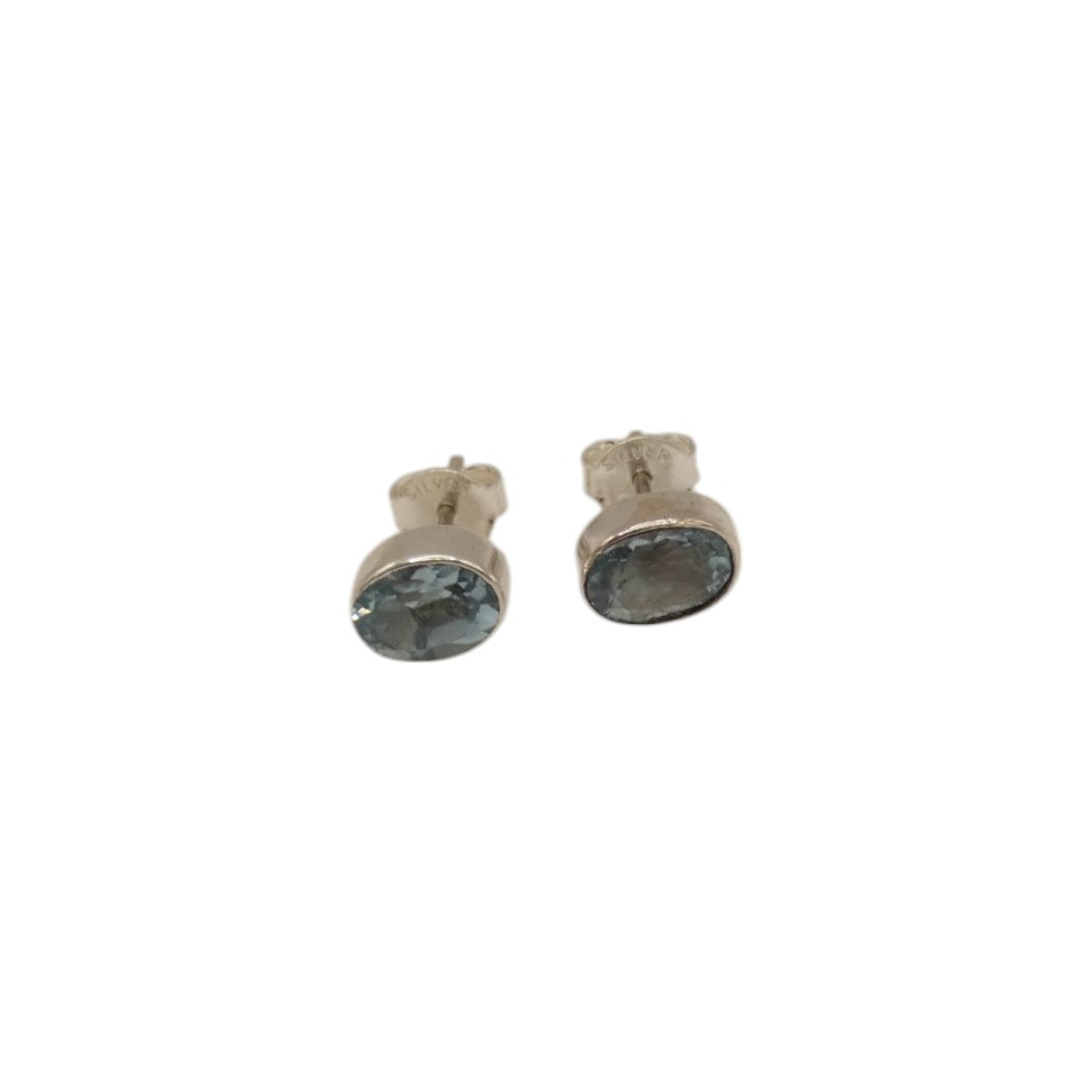 Sterling Silver Blue Topaz Oval Stud Earrings 0.4"