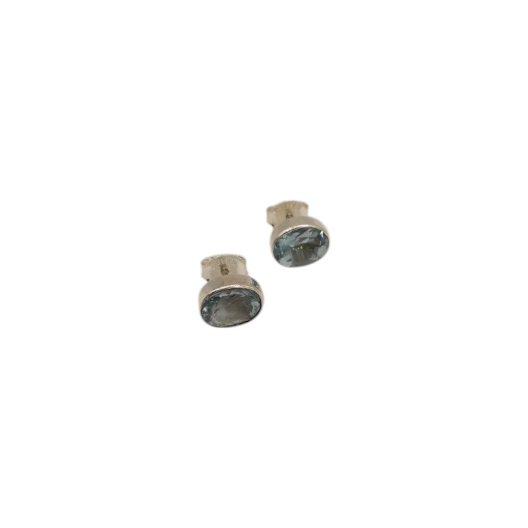 Sterling Silver Blue Topaz Oval Stud Earrings 0.4"