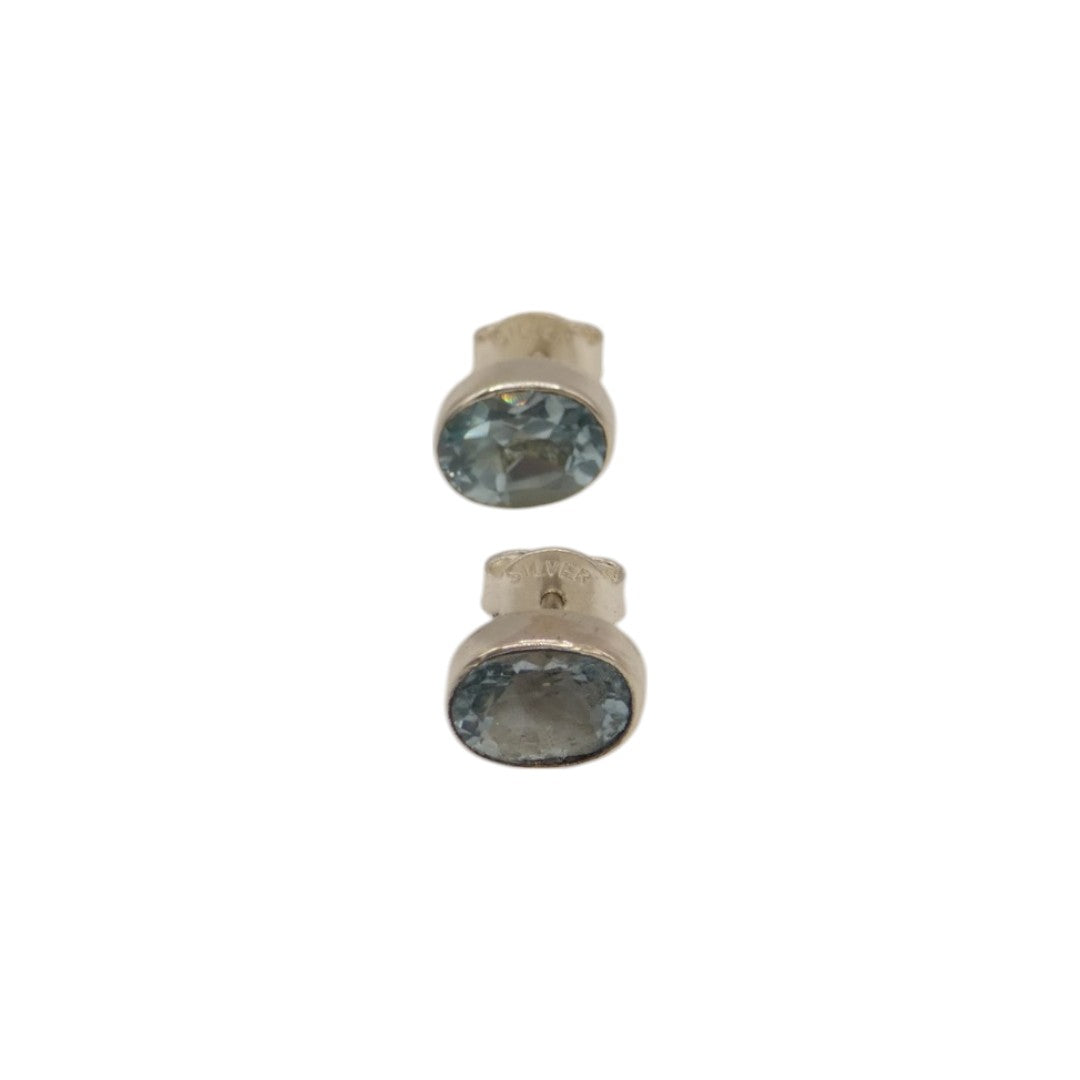 Sterling Silver Blue Topaz Oval Stud Earrings 0.4"