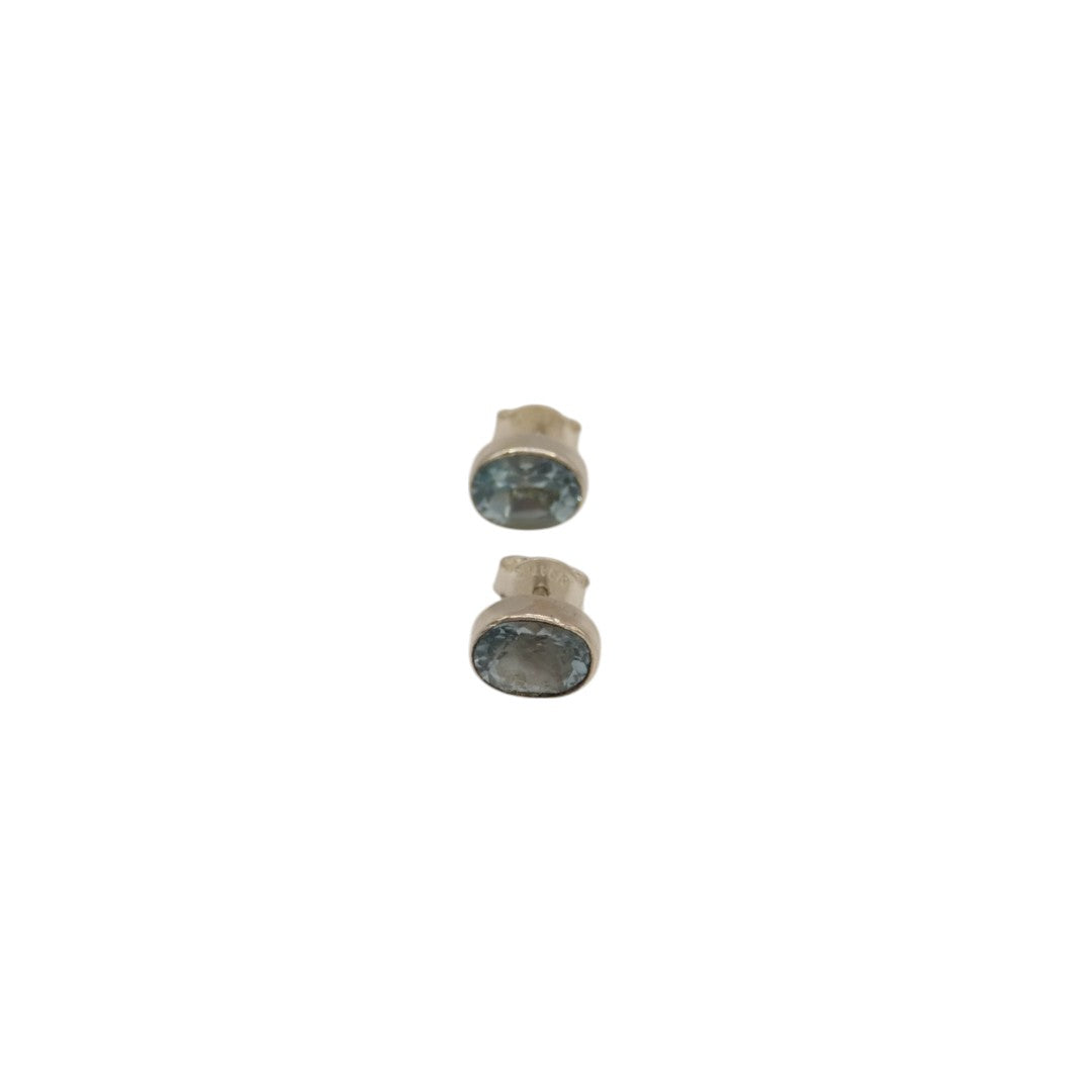Sterling Silver Blue Topaz Oval Stud Earrings 0.4"