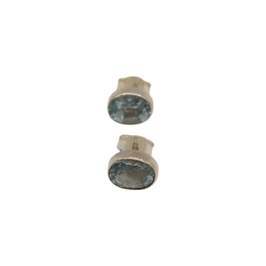 Sterling Silver Blue Topaz Oval Stud Earrings 0.4"