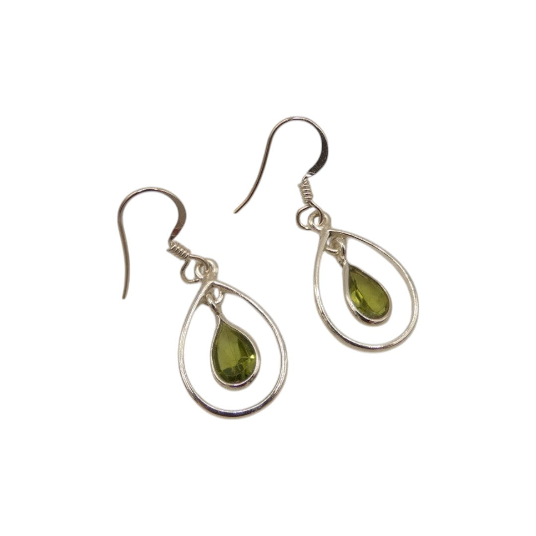 Sterling Silver Peridot Open Teardrop Shape Earrings 1.4"