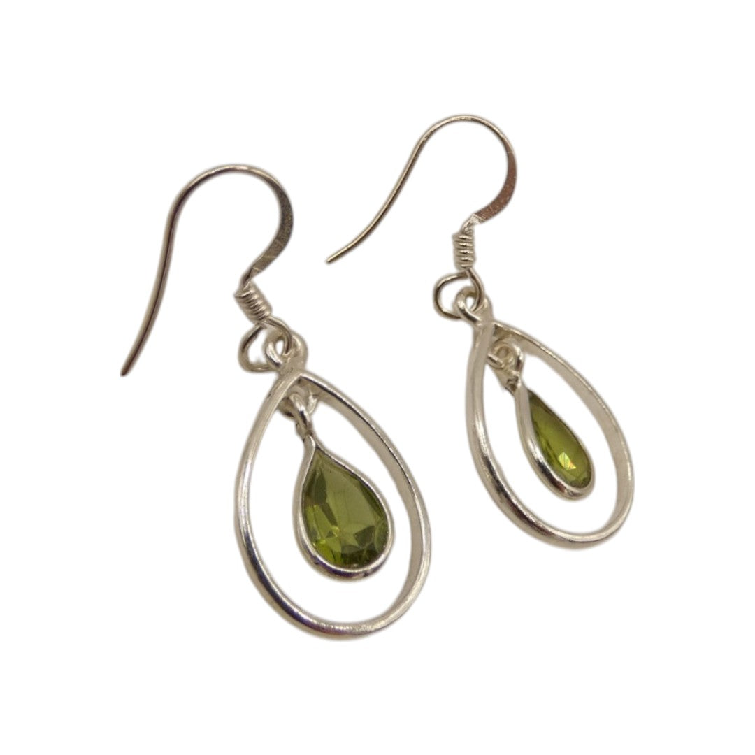 Sterling Silver Peridot Open Teardrop Shape Earrings 1.4"
