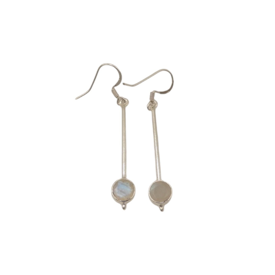 Sterling Silver Moonstone Straight Drop Earrings With Round Stone 2"