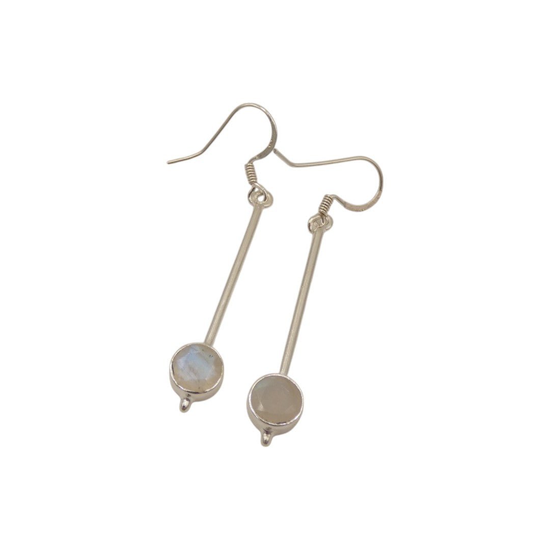 Sterling Silver Moonstone Straight Drop Earrings With Round Stone 2"