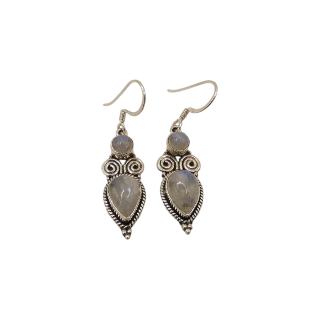 Sterling Silver Moonstone Ornate Double Stone Drop Earrings 1.8"