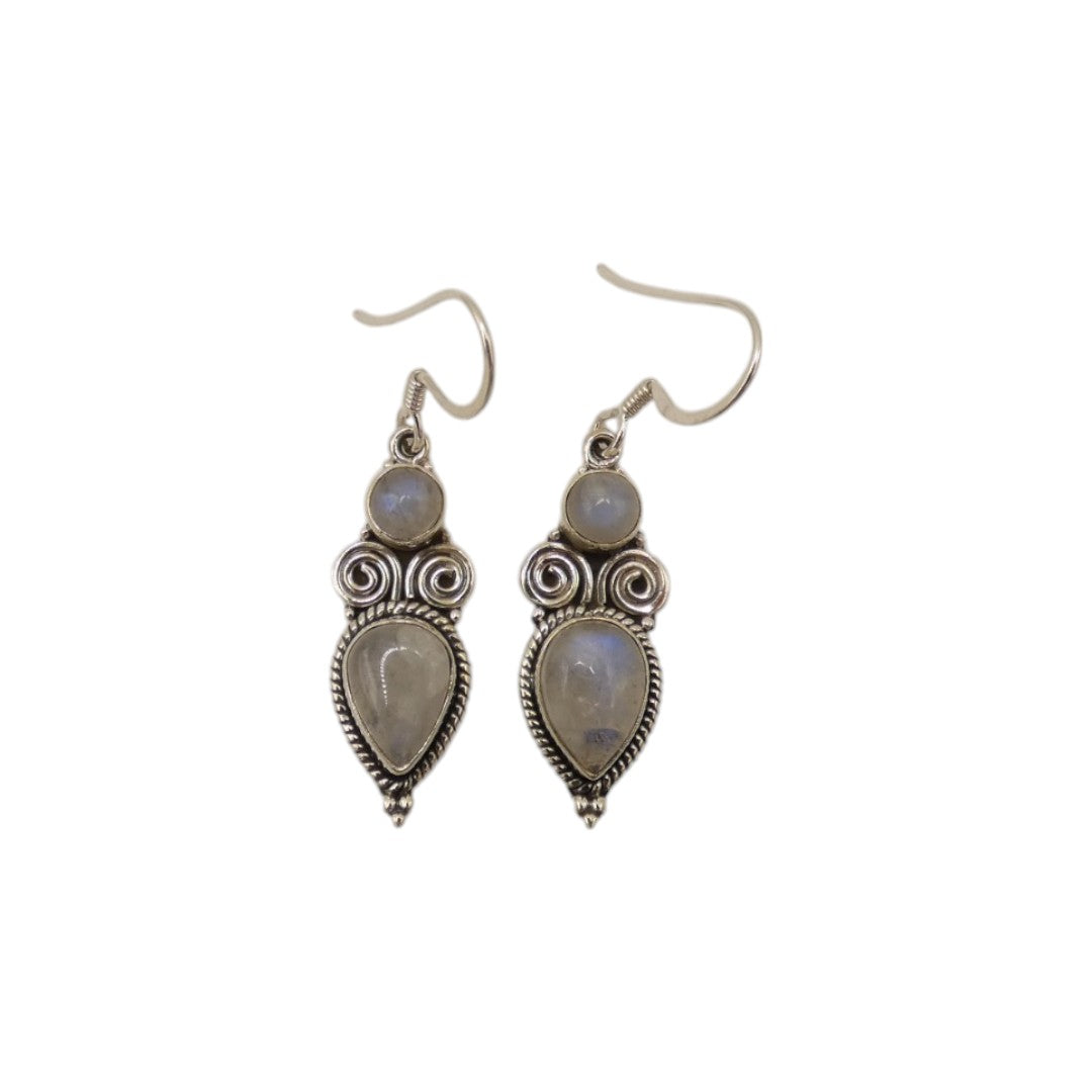 Sterling Silver Moonstone Ornate Double Stone Drop Earrings 1.8"