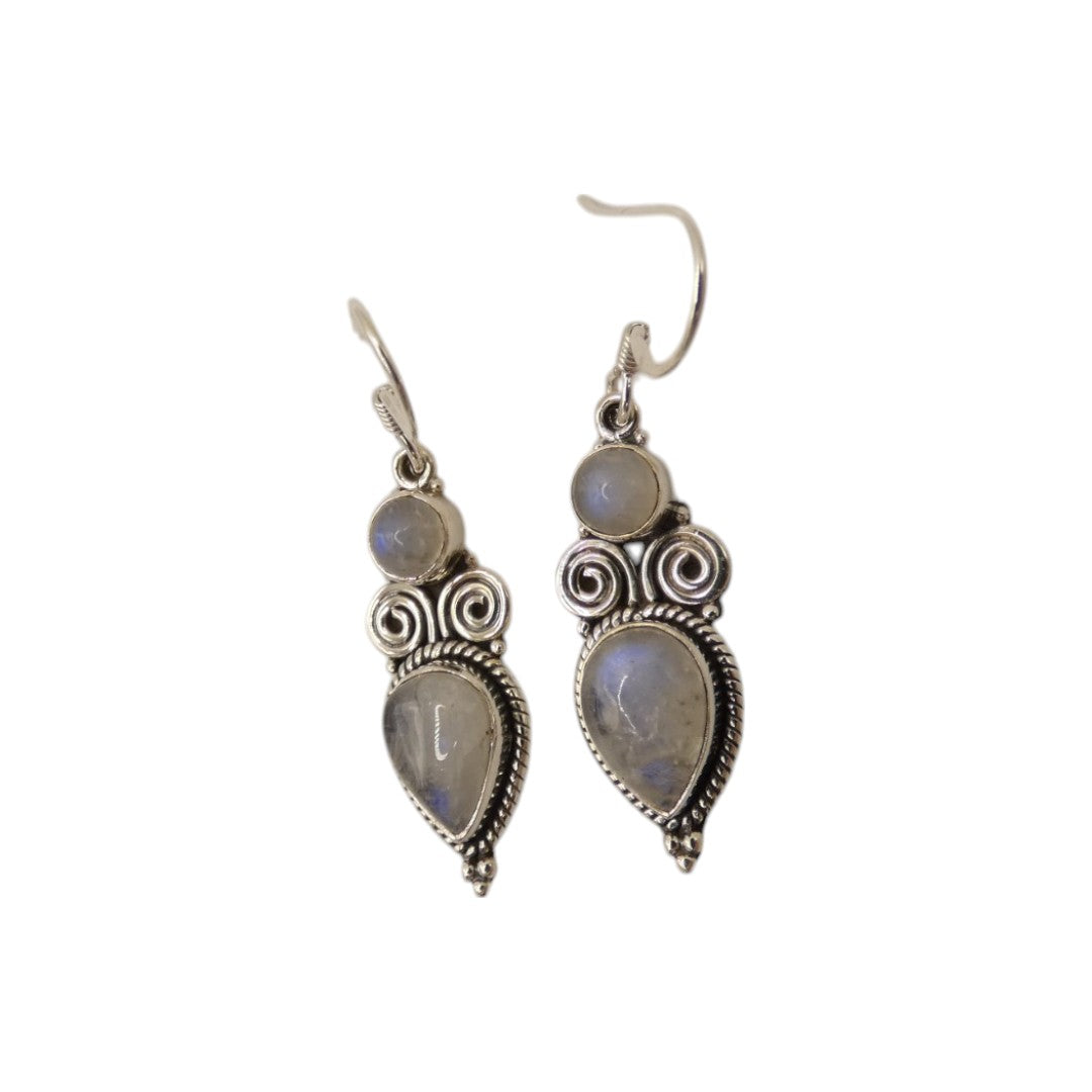 Sterling Silver Moonstone Ornate Double Stone Drop Earrings 1.8"