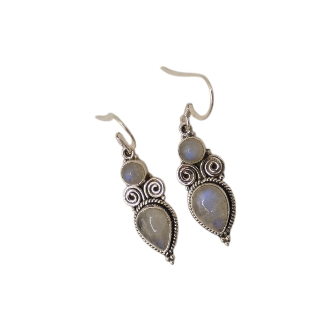 Sterling Silver Moonstone Ornate Double Stone Drop Earrings 1.8"