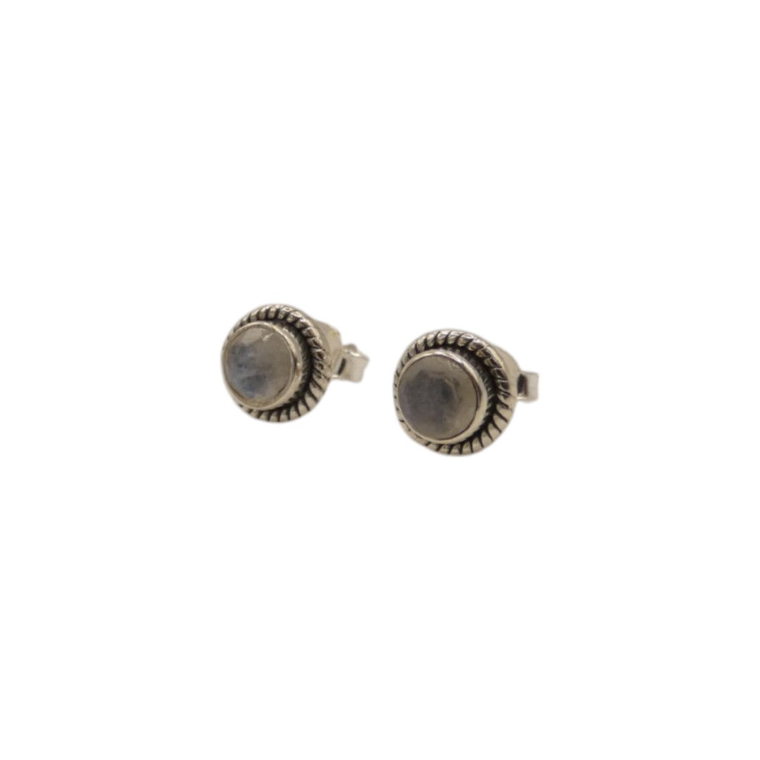 Sterling Silver Moonstone Ornate Round Stud Earrings 0.3"