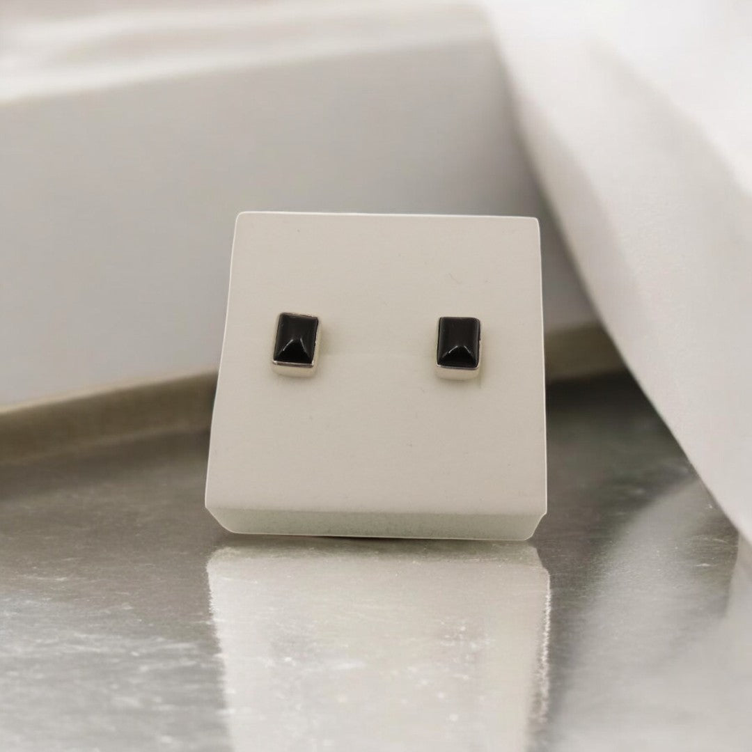 Sterling Silver Black Onyx Rectangular Stud Earrings 0.3"