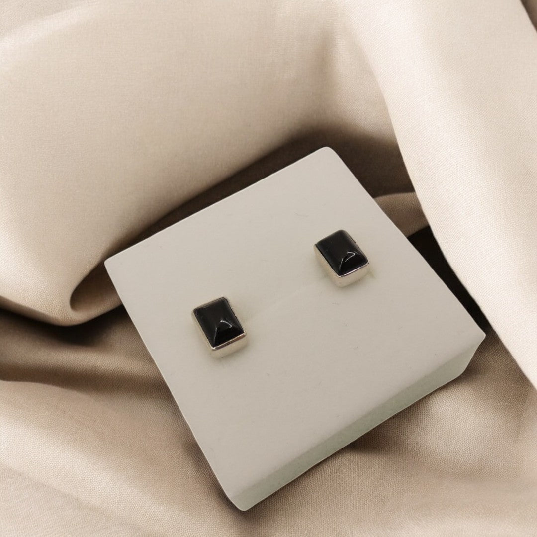 Sterling Silver Black Onyx Rectangular Stud Earrings 0.3"