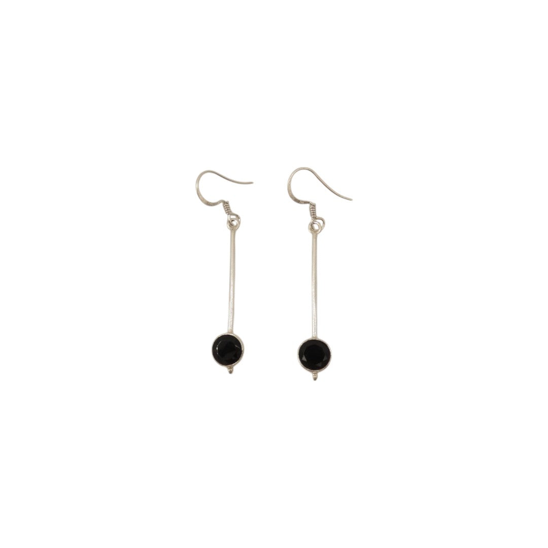 Sterling Silver Black Onyx Straight Drop Earrings With Round Stone 2"