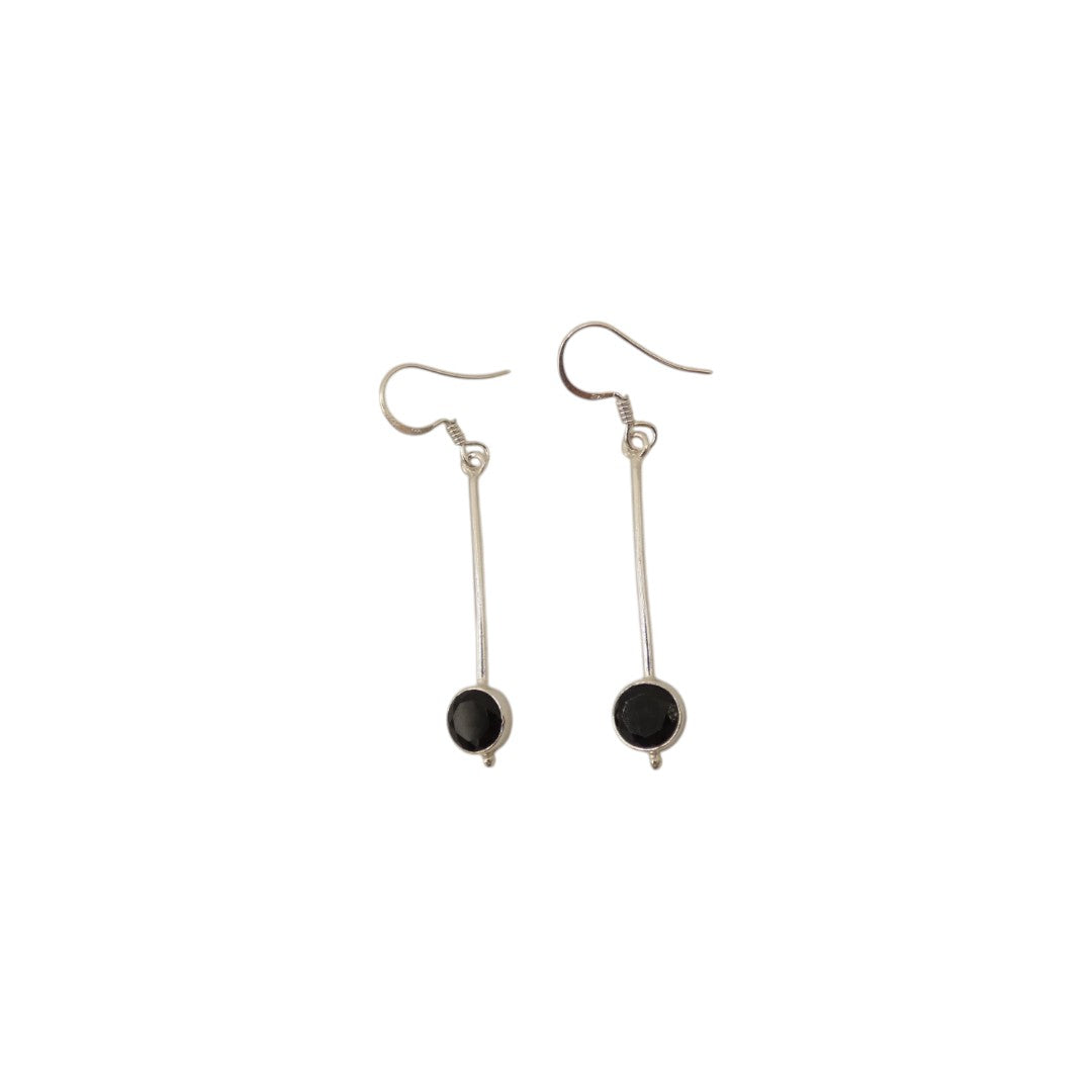 Sterling Silver Black Onyx Straight Drop Earrings With Round Stone 2"