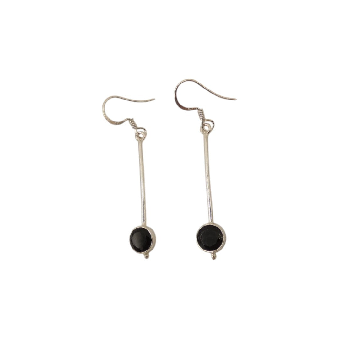 Sterling Silver Black Onyx Straight Drop Earrings With Round Stone 2"