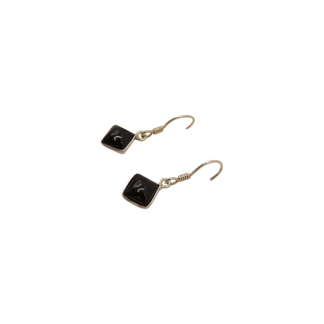Sterling Silver Black Onyx Diamond Shape Drop Earrings 1.1"