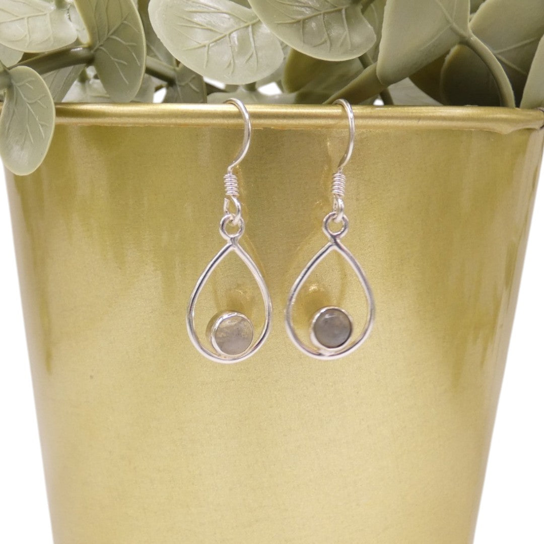 Sterling Silver Labradorite Open Teardrop Shape Earrings 1.4"