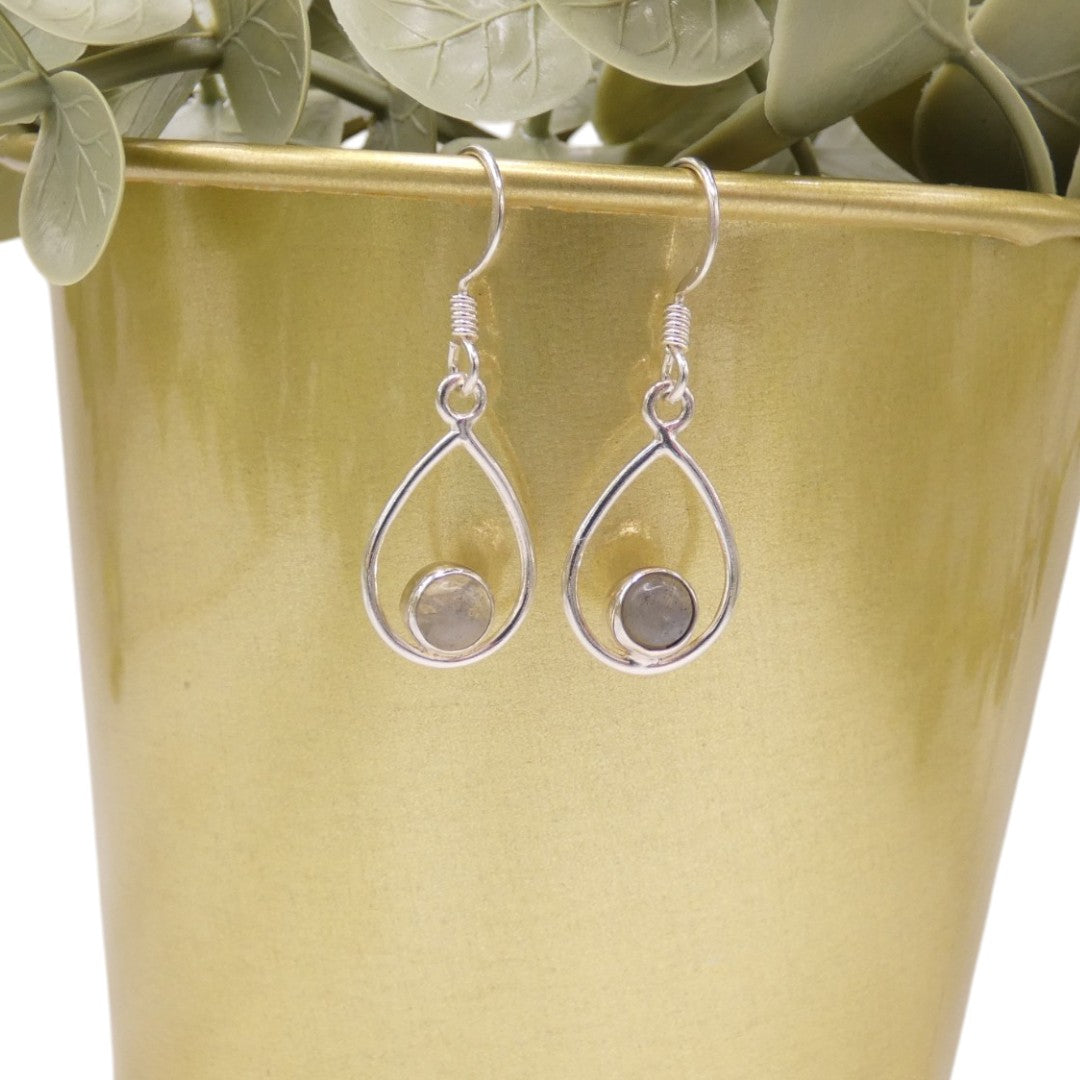 Sterling Silver Labradorite Open Teardrop Shape Earrings 1.4"