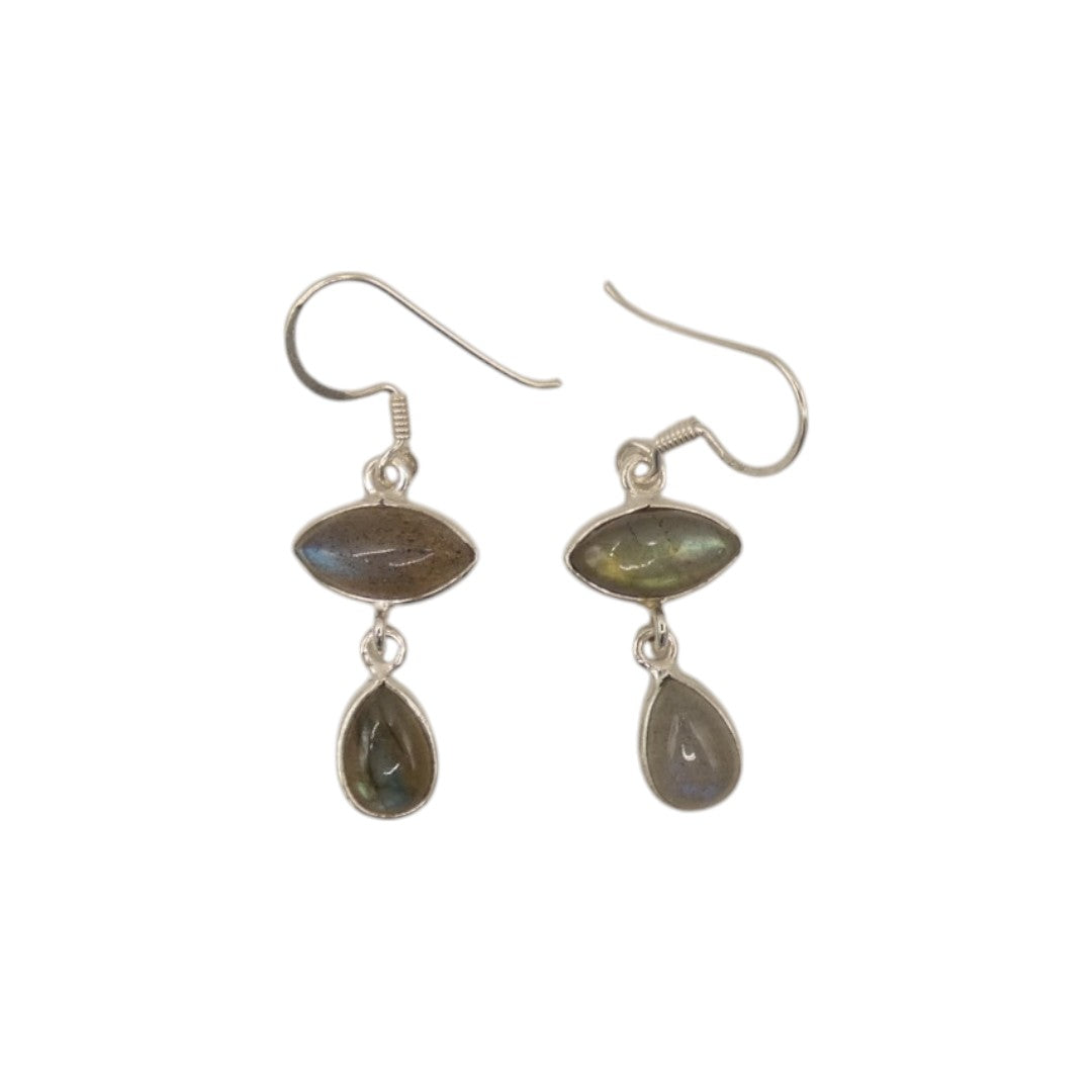Sterling Silver Labradorite Double Stone Drop Earrings 1.5"