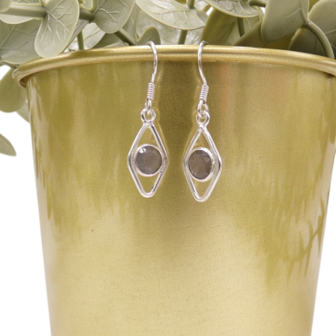 Sterling Silver Labradorite Open Diamond Shape Earrings 1.3"