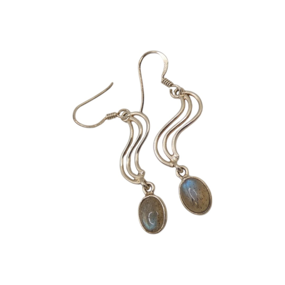 Sterling Silver Labradorite Swirl Drop Earrings With Oval Stone 1.9"